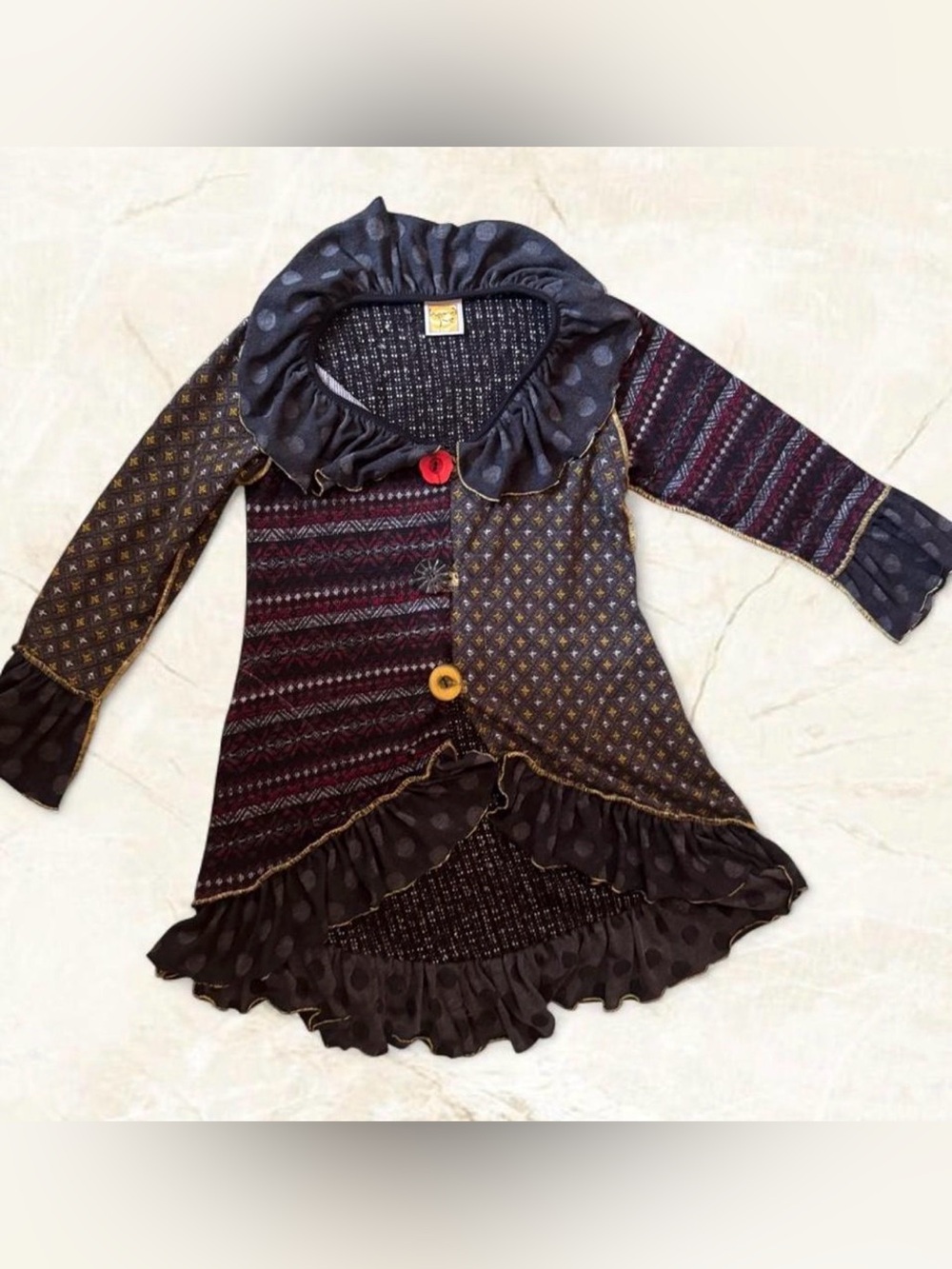 Whimsy Patchwork Fairycore Cardigan with Ruffles Polka Dots & Eccentric Buttons